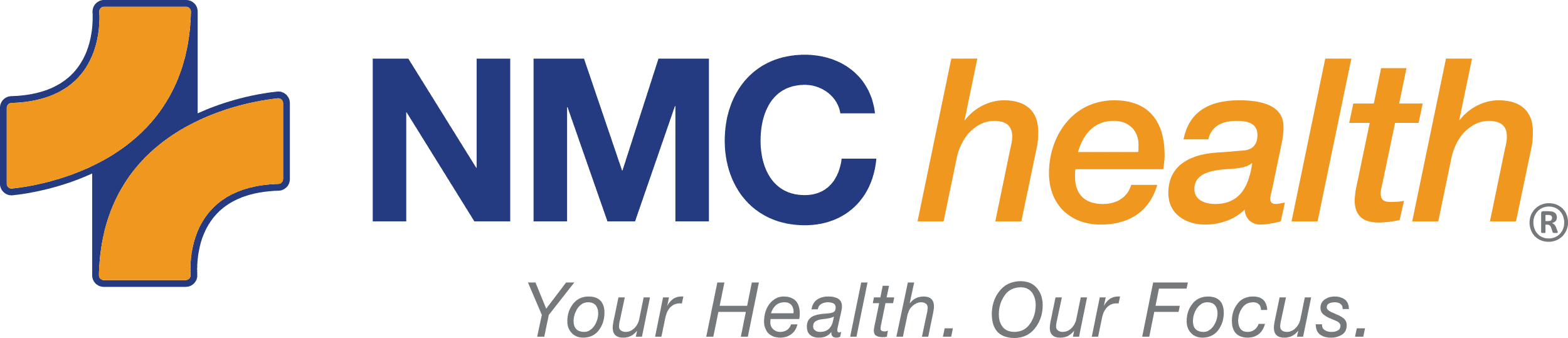 NMC Health logo newton ks blue and gold color logo with register mark and tagline